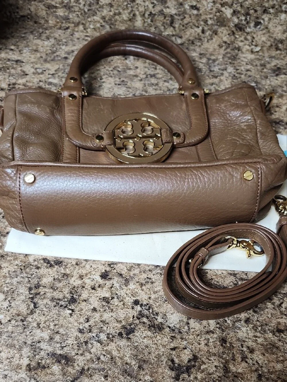 Tory Burch Amanda Brown Leather Satchel Handbag with Gold Logo Accent
